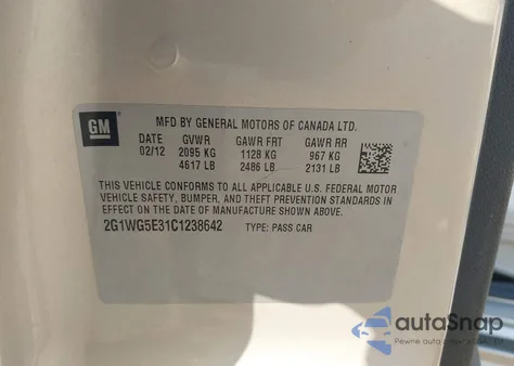 2012 Chevrolet Impala Lt из США, поврежденный, VIN 2G1WG5E31C1238642